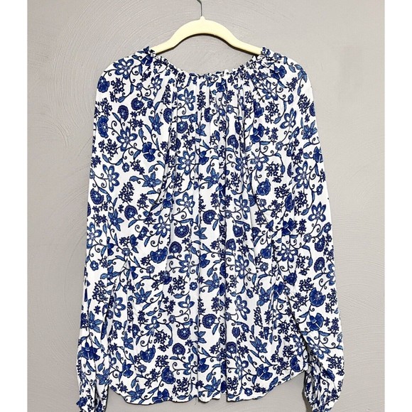 Gap Womens Blue White Floral Ruffle Neck Blouse Long Sleeve Rayon V-Neck Large - Picture 7 of 12